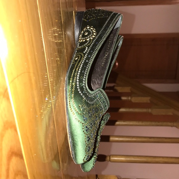 Gina (UK) Moss Green Satin Crystal Flats - Picture 2 of 4